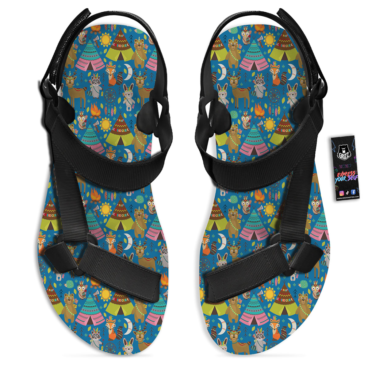 Camping Animal Print Pattern Black Open Toe Sandals-grizzshop