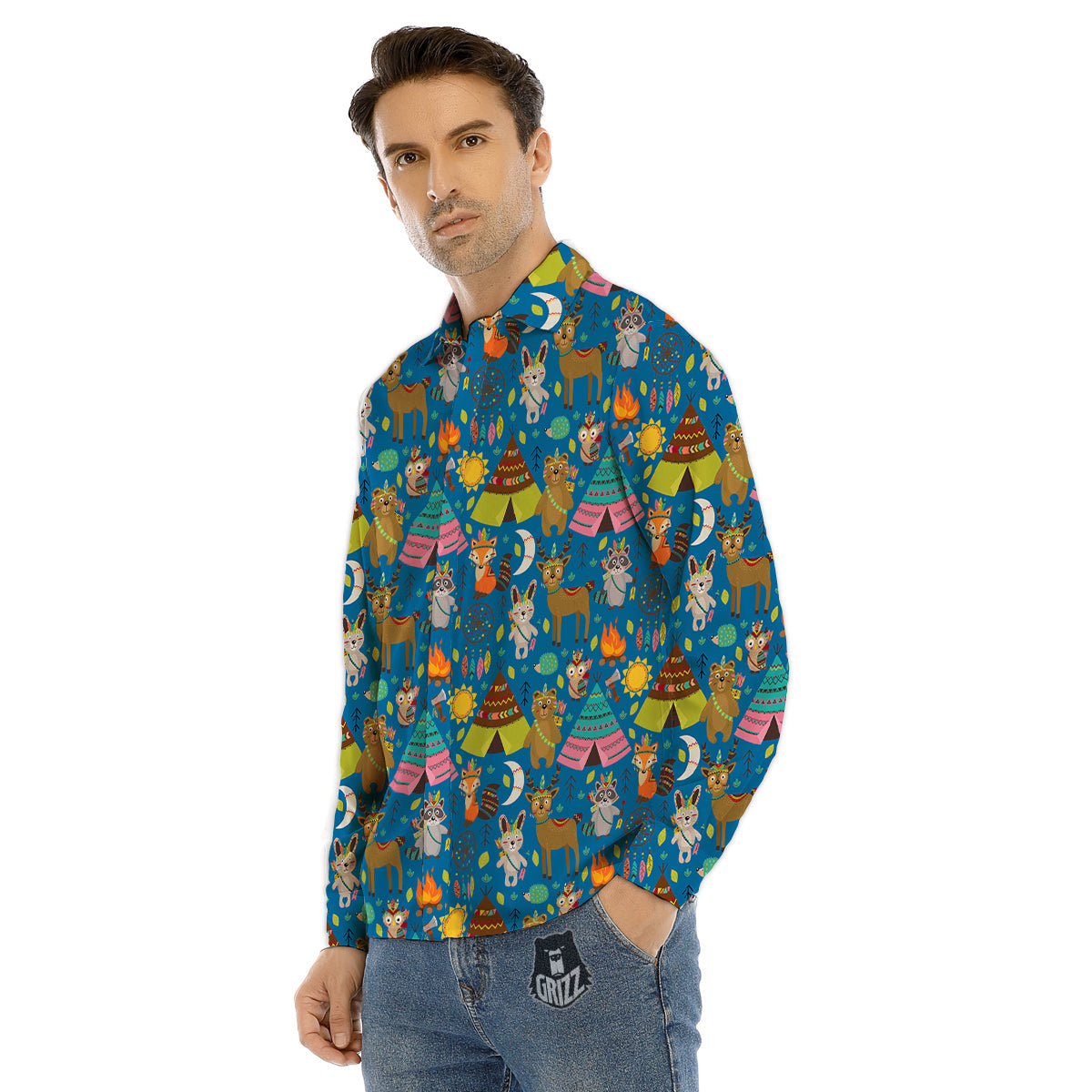 Camping Animal Print Pattern Men's Dress Shirts-grizzshop