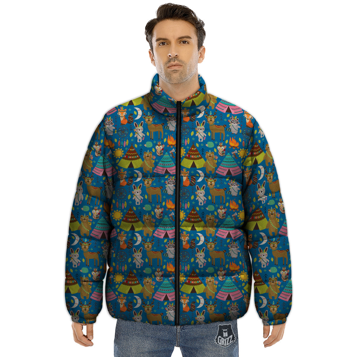 Camping Animal Print Pattern Puffer Jacket-grizzshop