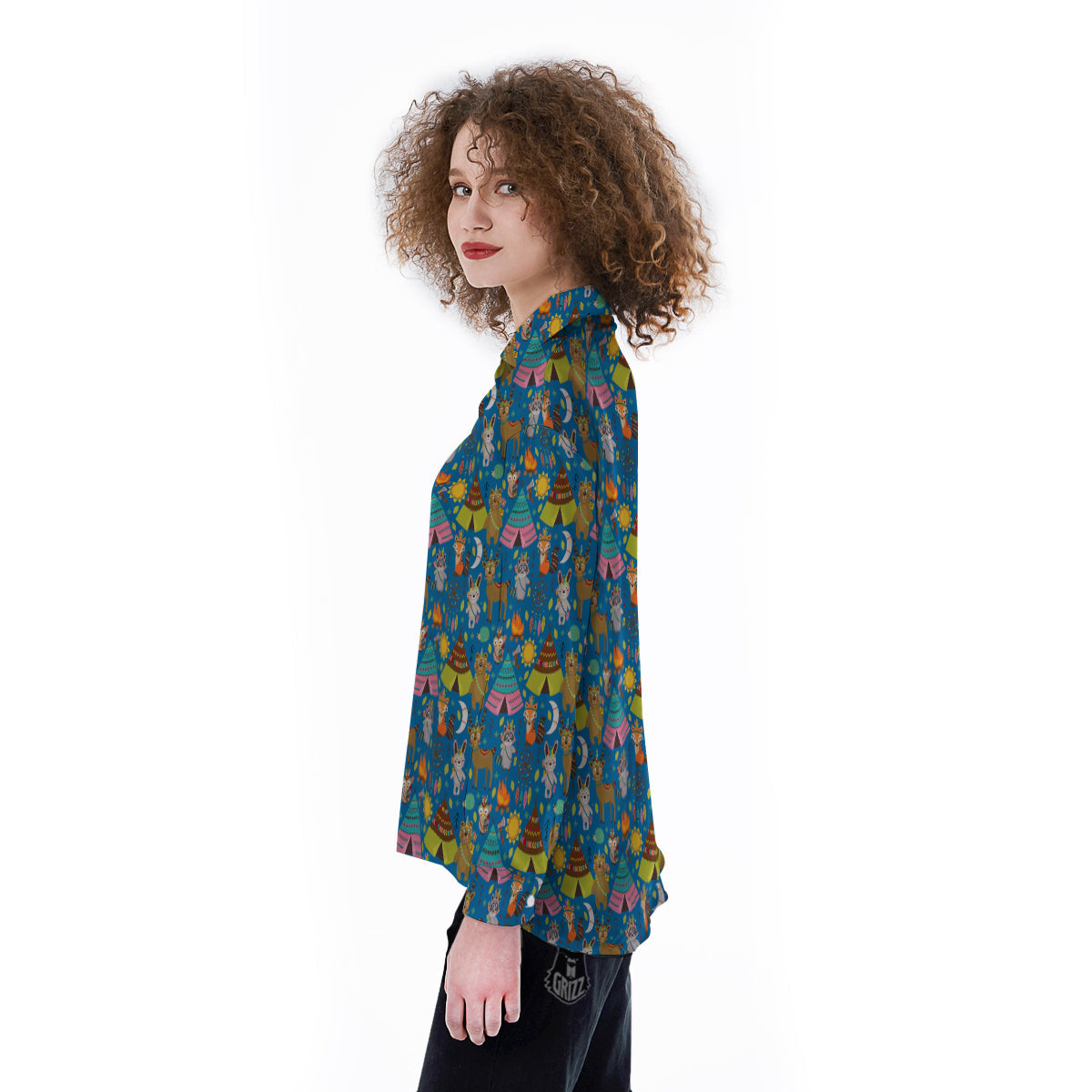 Camping Animal Print Pattern Women's Long Sleeve Shirts-grizzshop