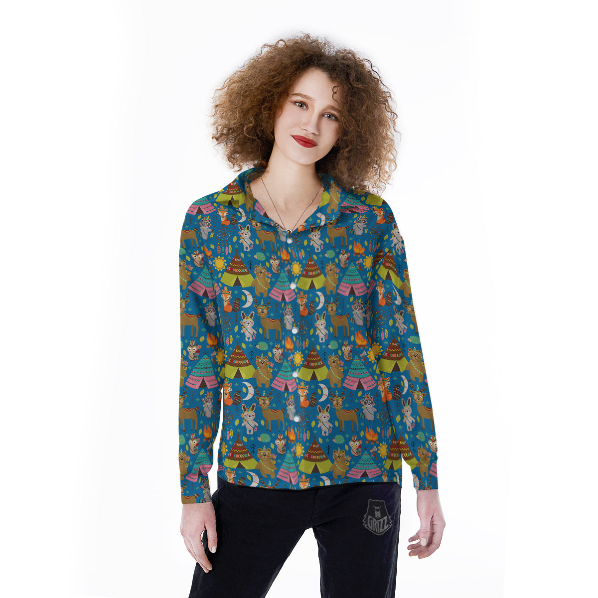 Camping Animal Print Pattern Women's Long Sleeve Shirts-grizzshop