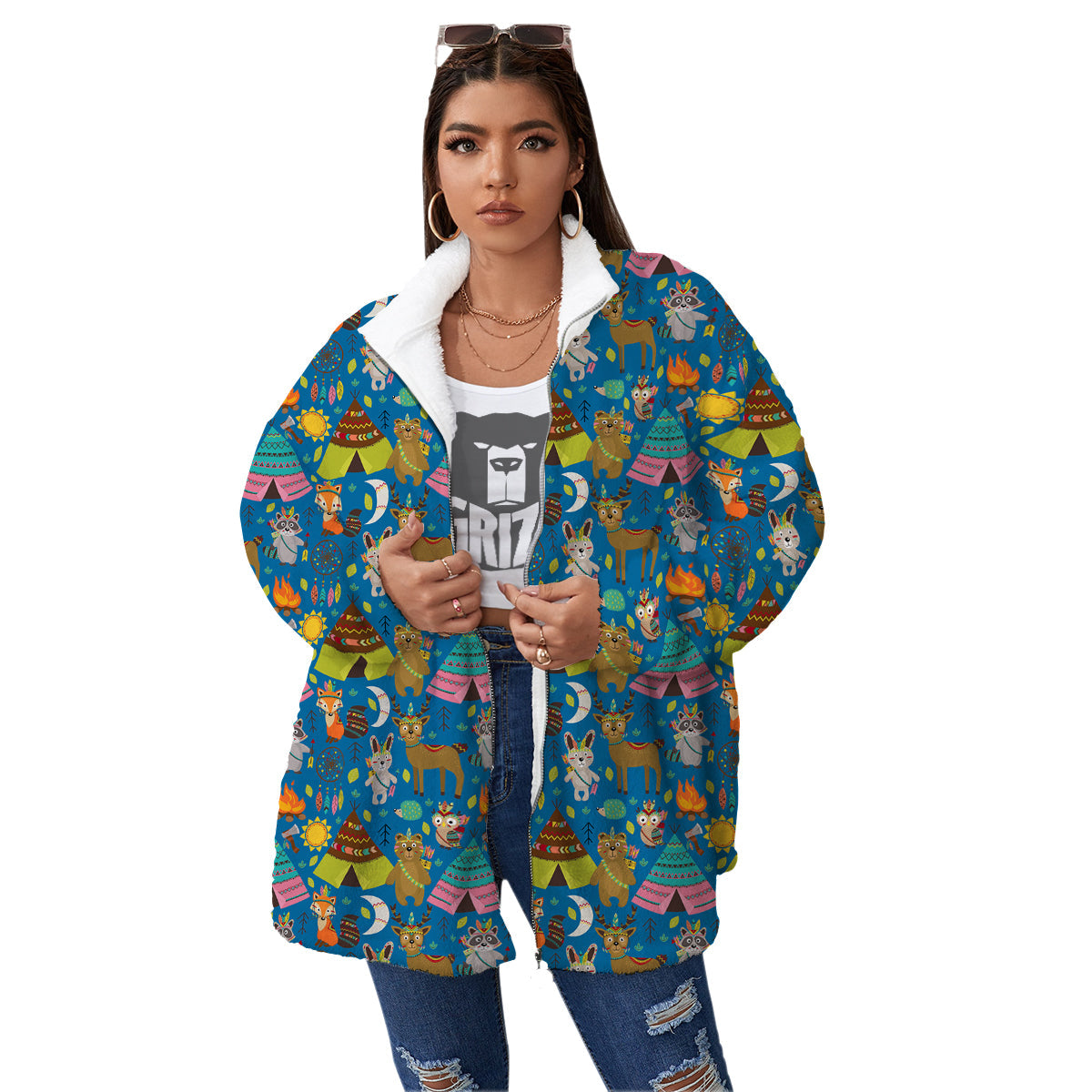 Camping Animal Print Pattern Women's Sherpa Jacket-grizzshop