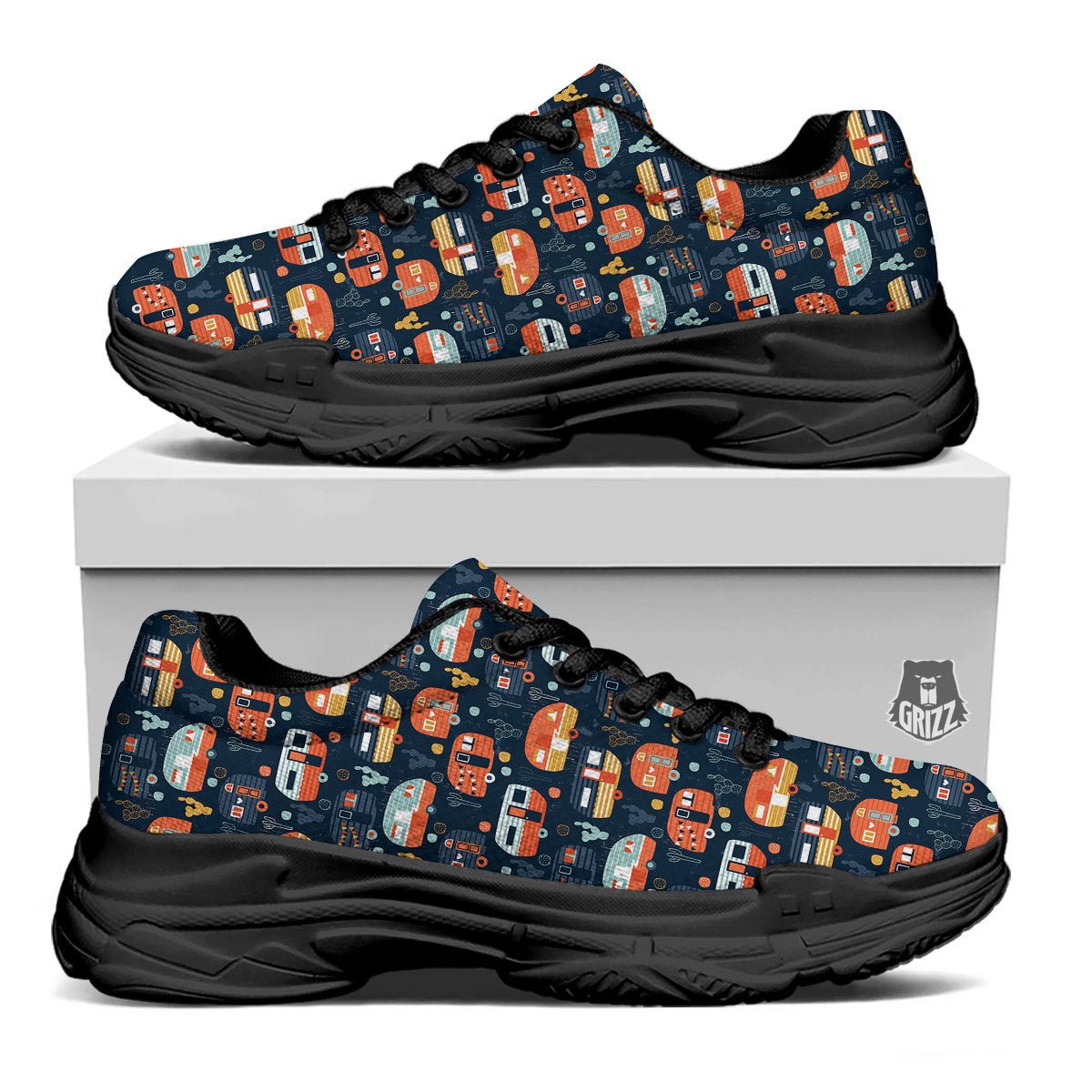 Camping Caravan Print Pattern Black Chunky Shoes-grizzshop