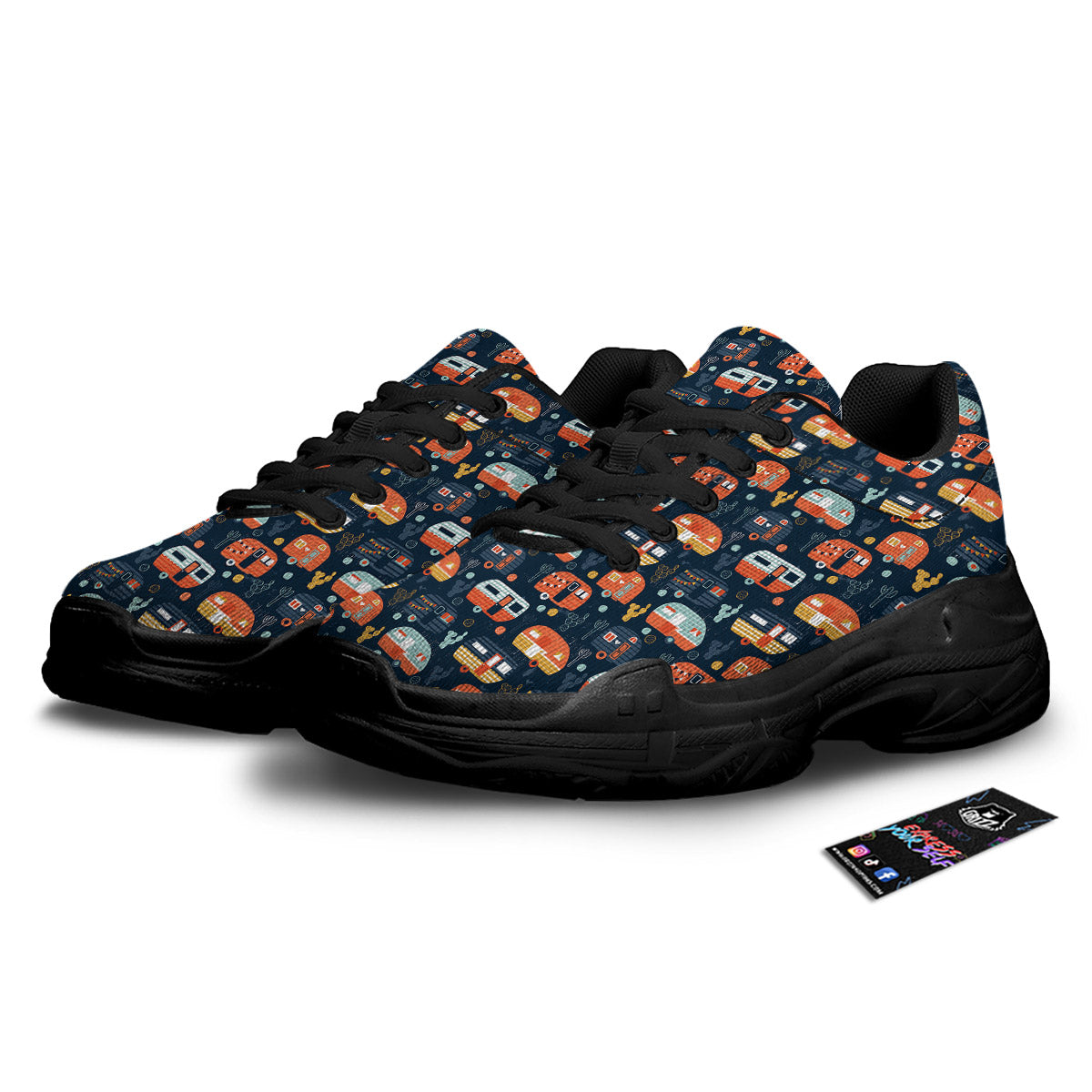 Camping Caravan Print Pattern Black Chunky Shoes-grizzshop