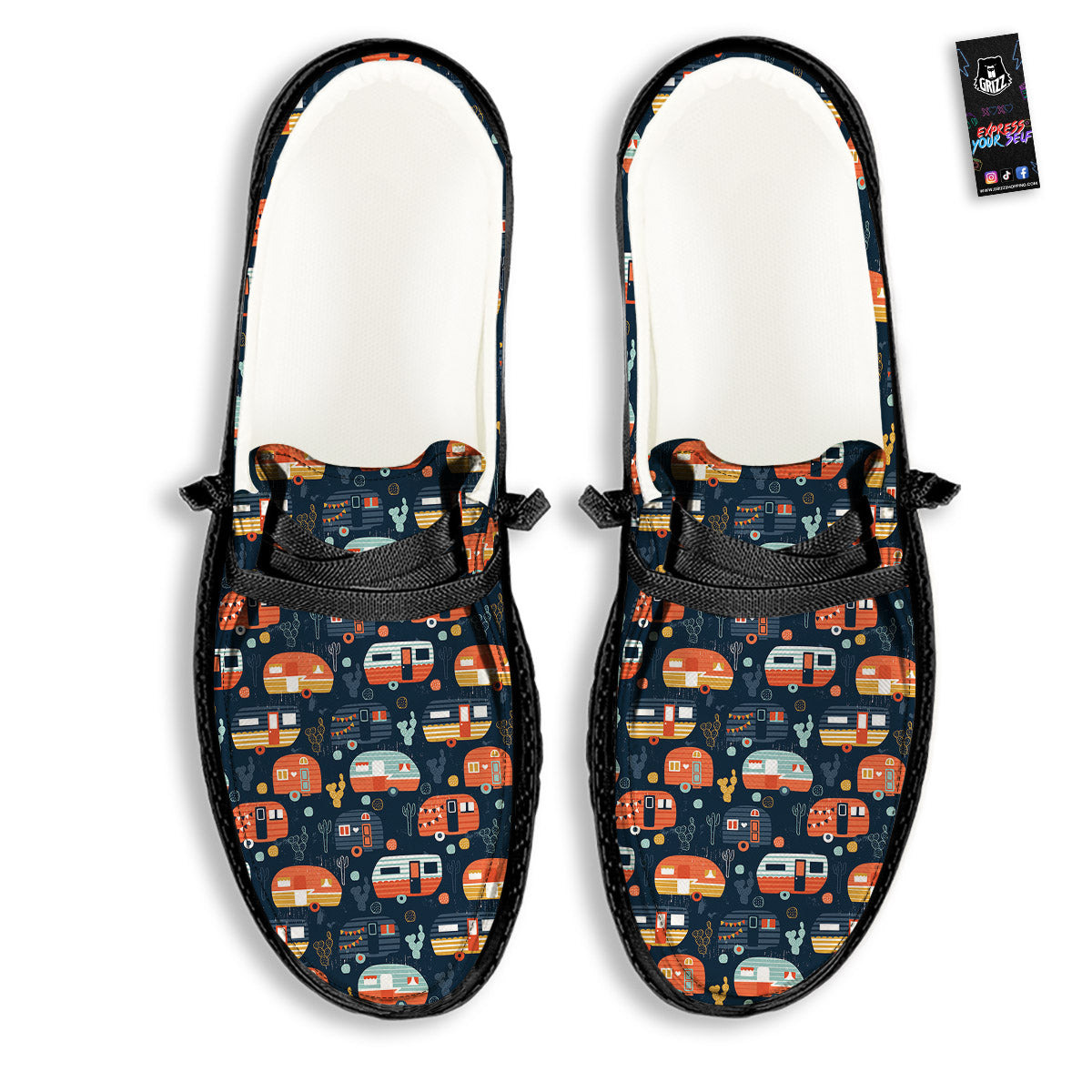 Camping Caravan Print Pattern Black Loafers-grizzshop