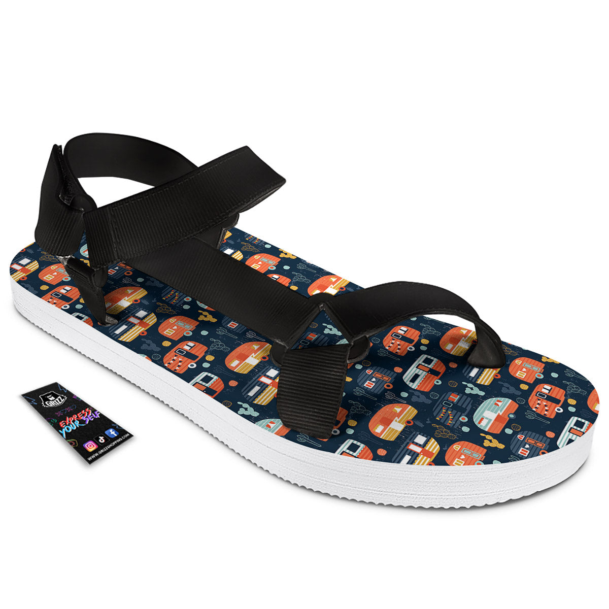 Camping Caravan Print Pattern Black Open Toe Sandals-grizzshop