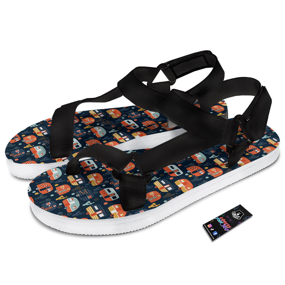 Camping Caravan Print Pattern Black Open Toe Sandals-grizzshop