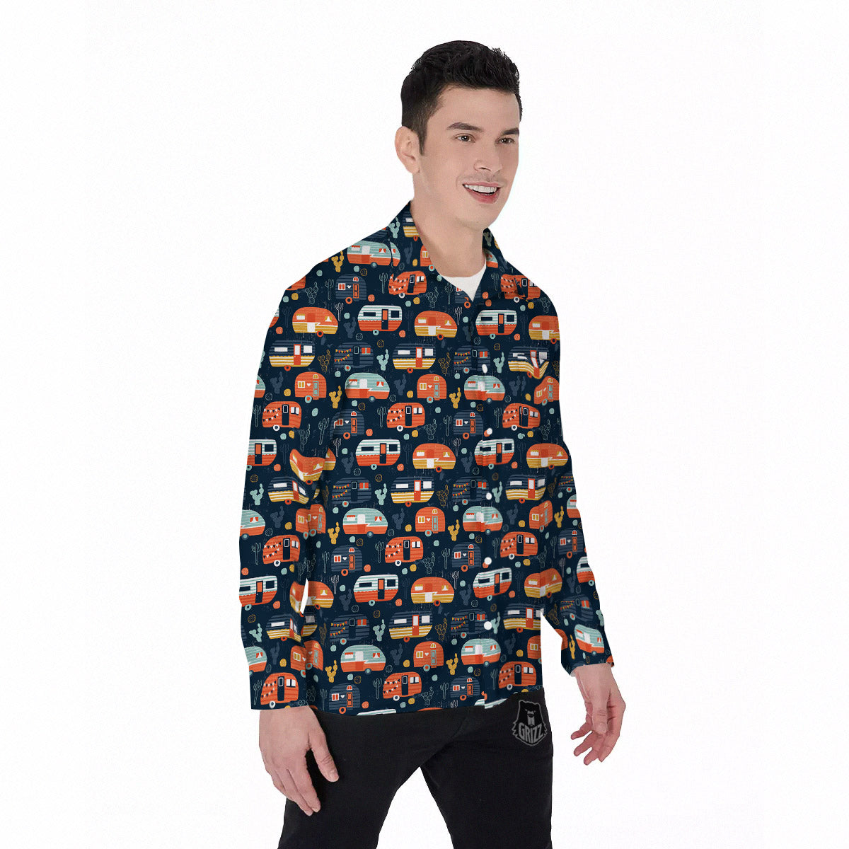 Camping Caravan Print Pattern Men's Long Sleeve Shirts-grizzshop