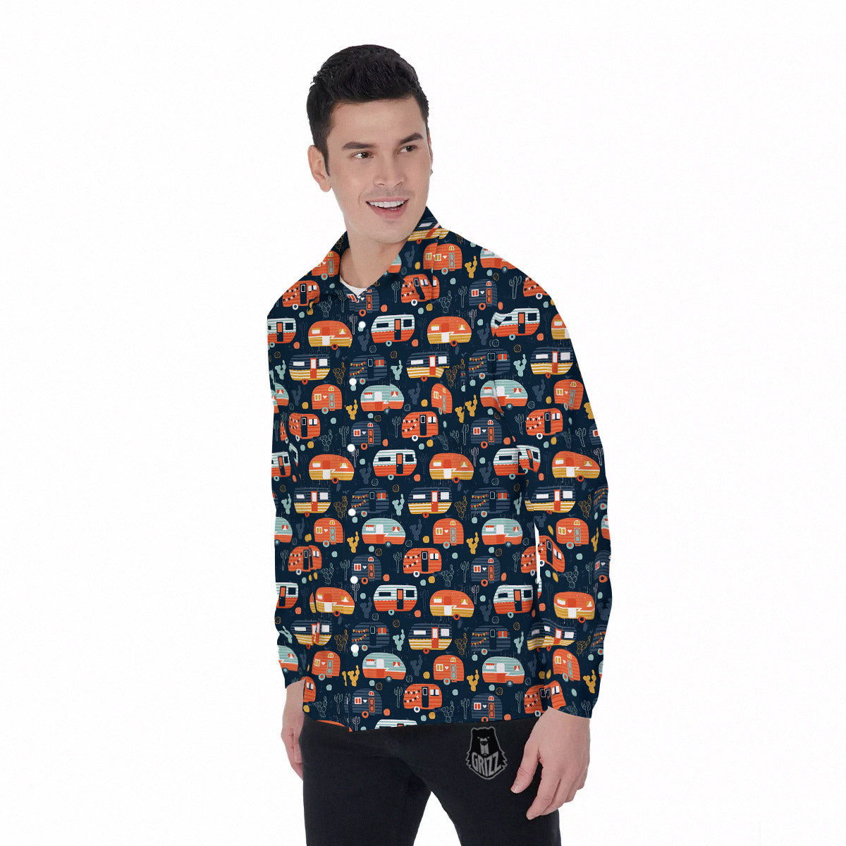 Camping Caravan Print Pattern Men's Long Sleeve Shirts-grizzshop