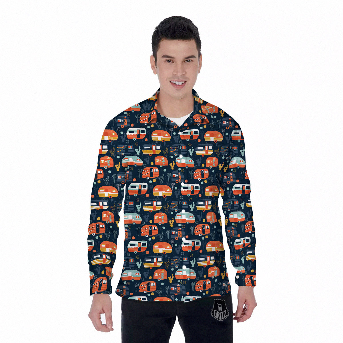 Camping Caravan Print Pattern Men's Long Sleeve Shirts-grizzshop