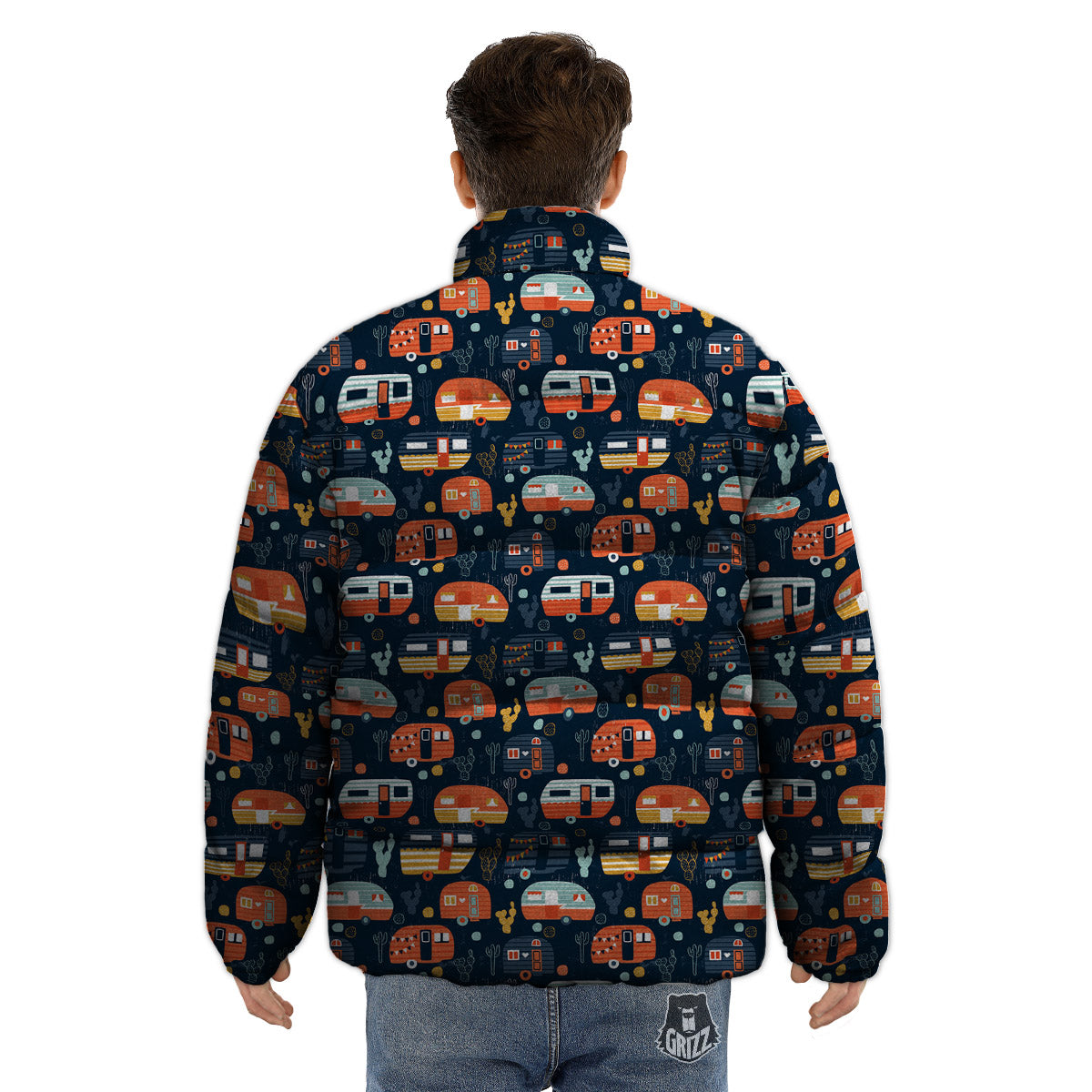 Camping Caravan Print Pattern Puffer Jacket-grizzshop