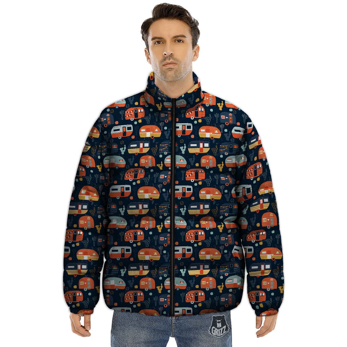 Camping Caravan Print Pattern Puffer Jacket-grizzshop