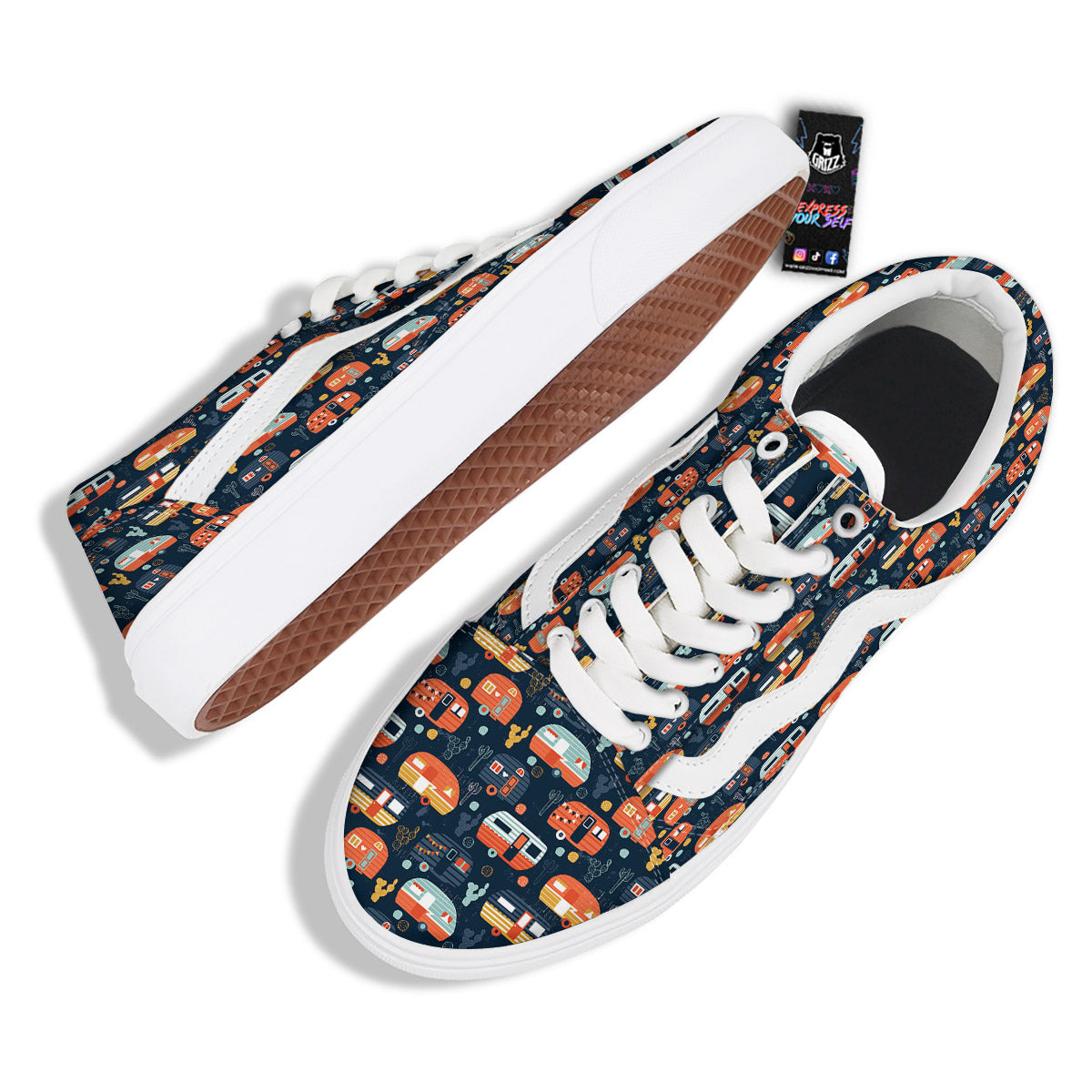 Camping Caravan Print Pattern Skate Shoes-grizzshop