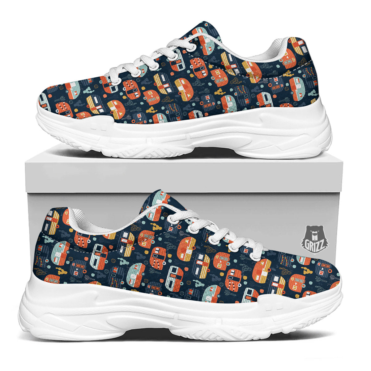 Camping Caravan Print Pattern White Chunky Shoes-grizzshop