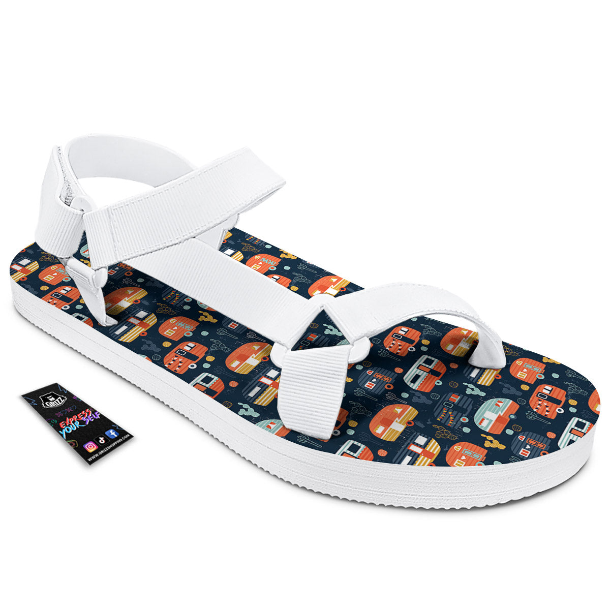Camping Caravan Print Pattern White Open Toe Sandals-grizzshop