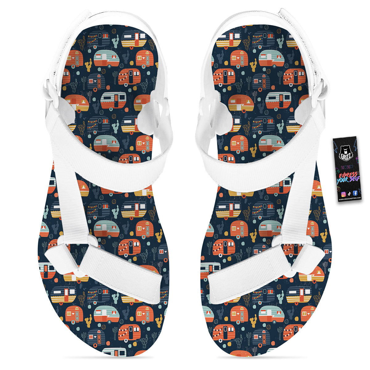 Camping Caravan Print Pattern White Open Toe Sandals-grizzshop