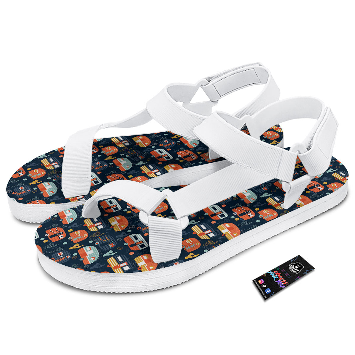 Camping Caravan Print Pattern White Open Toe Sandals-grizzshop