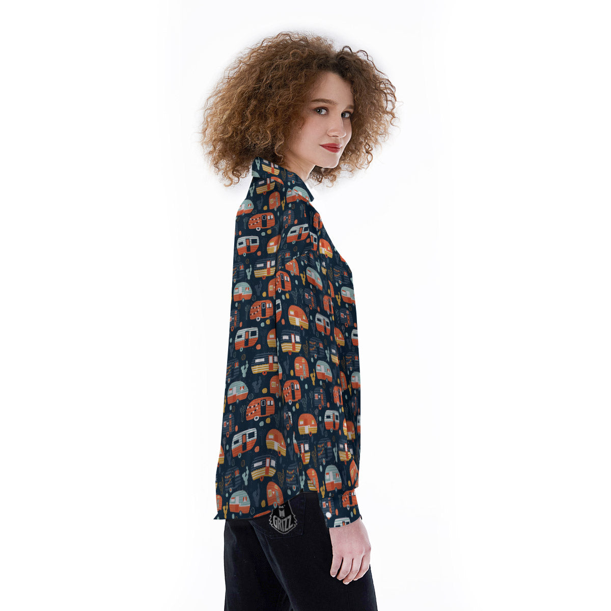 Camping Caravan Print Pattern Women's Long Sleeve Shirts-grizzshop