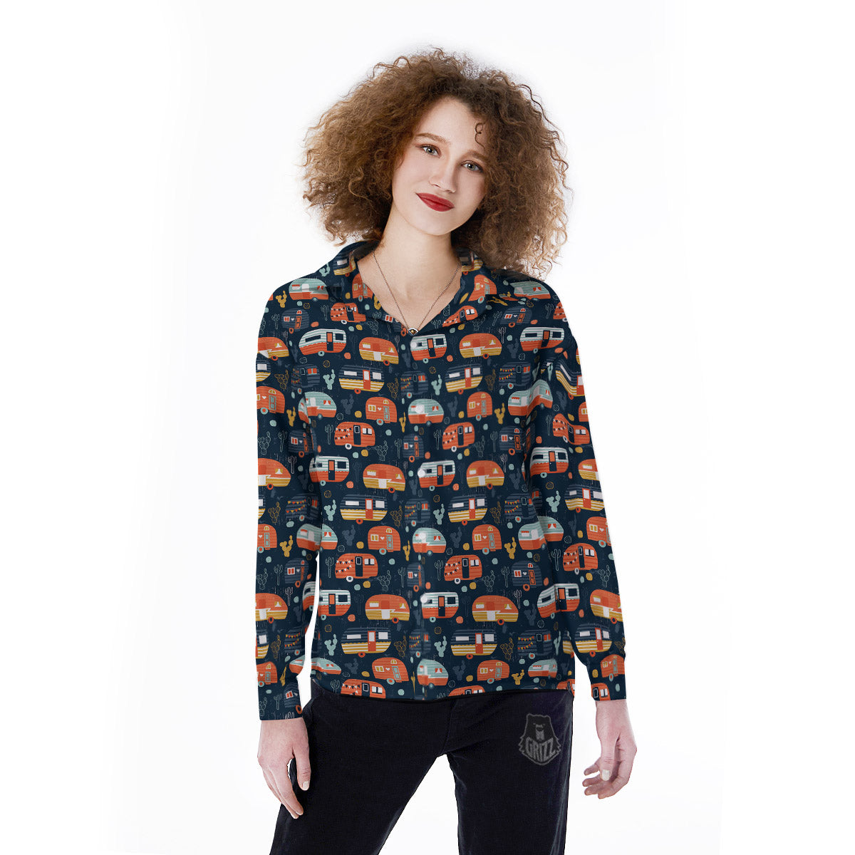 Camping Caravan Print Pattern Women's Long Sleeve Shirts-grizzshop