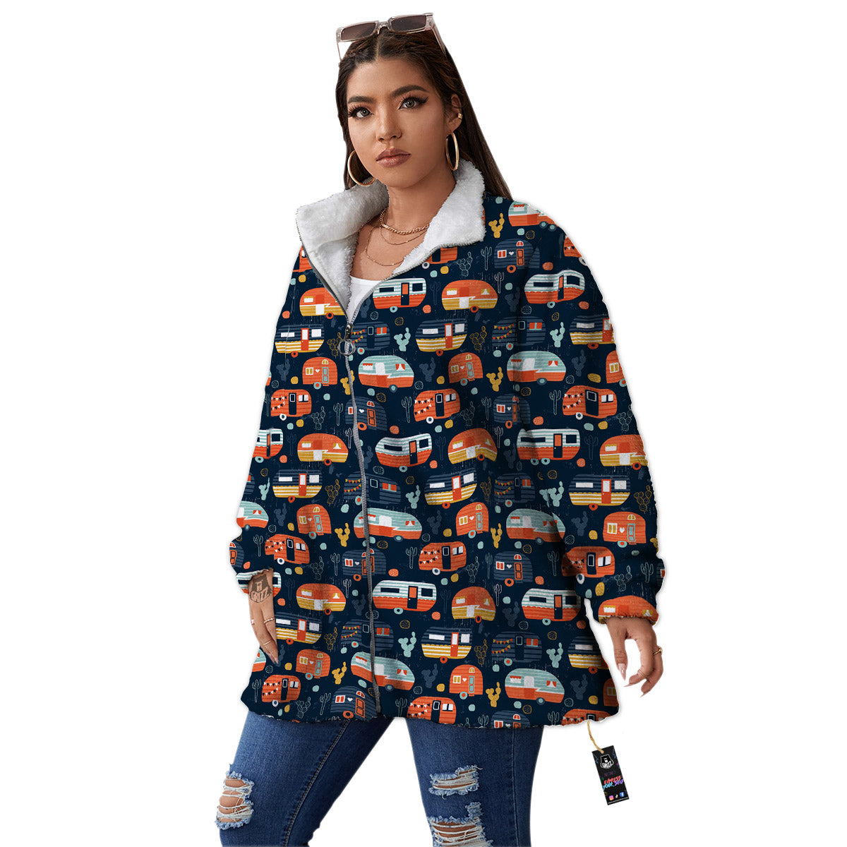 Camping Caravan Print Pattern Women's Sherpa Jacket-grizzshop