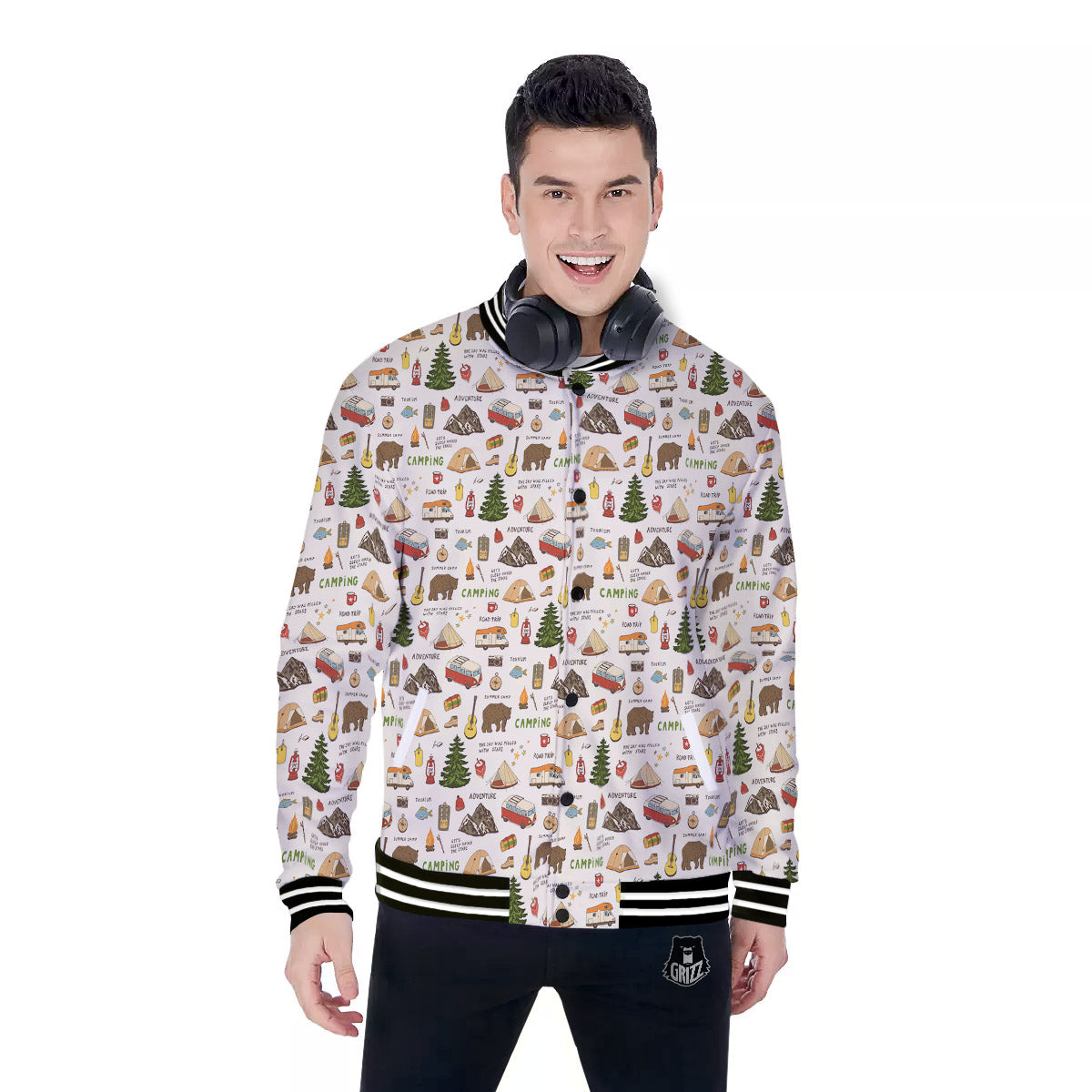 Camping Cartoon Print Pattern Baseball Jacket-grizzshop