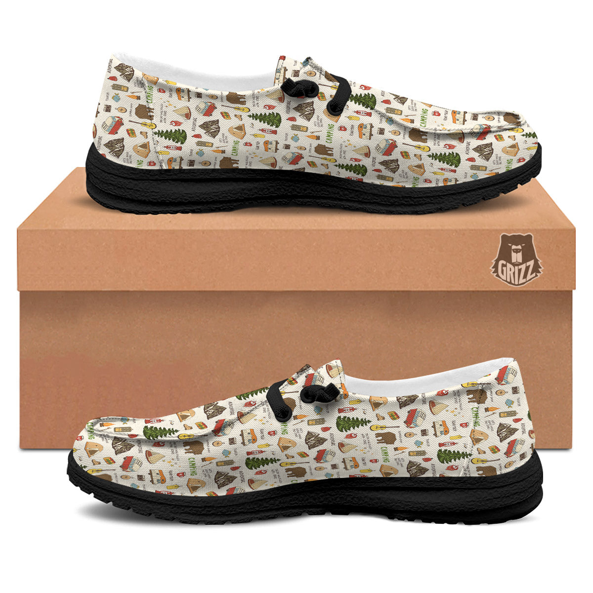 Camping Cartoon Print Pattern Black Loafers-grizzshop