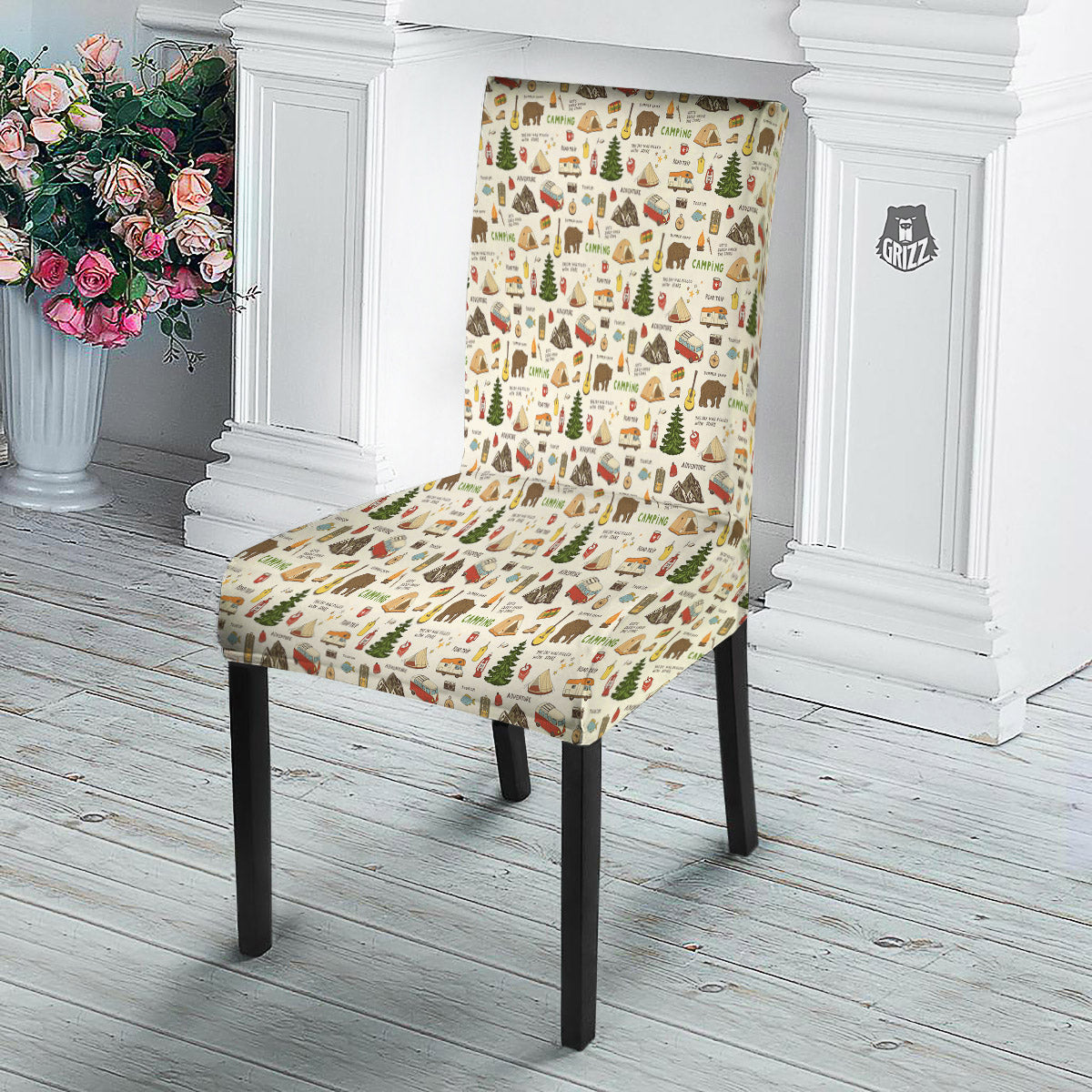 Camping Cartoon Print Pattern Dining Chair Slipcover-grizzshop