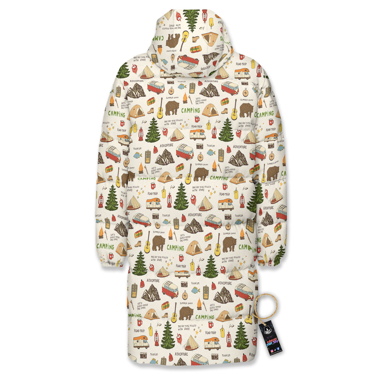 Camping Cartoon Print Pattern Long Down Jacket-grizzshop
