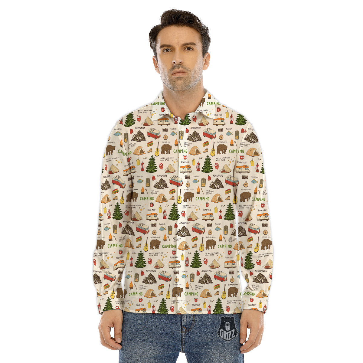 Camping Cartoon Print Pattern Men's Dress Shirts-grizzshop