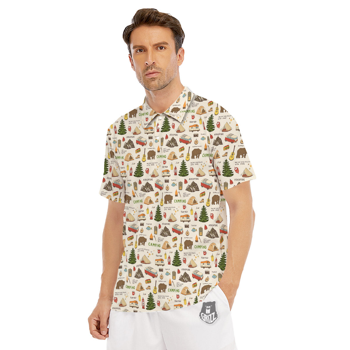 Camping Cartoon Print Pattern Men's Golf Shirts-grizzshop