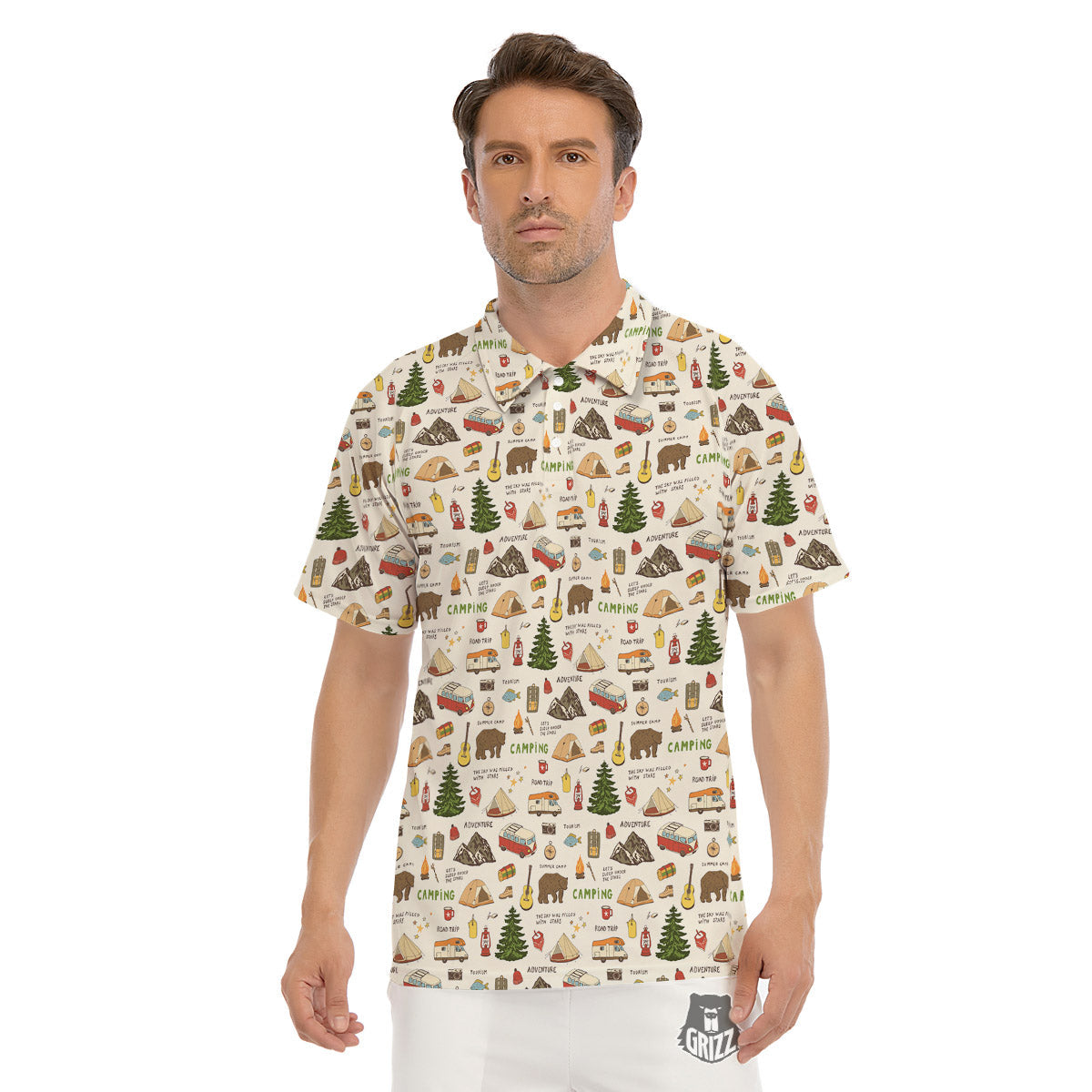 Camping Cartoon Print Pattern Men's Golf Shirts-grizzshop