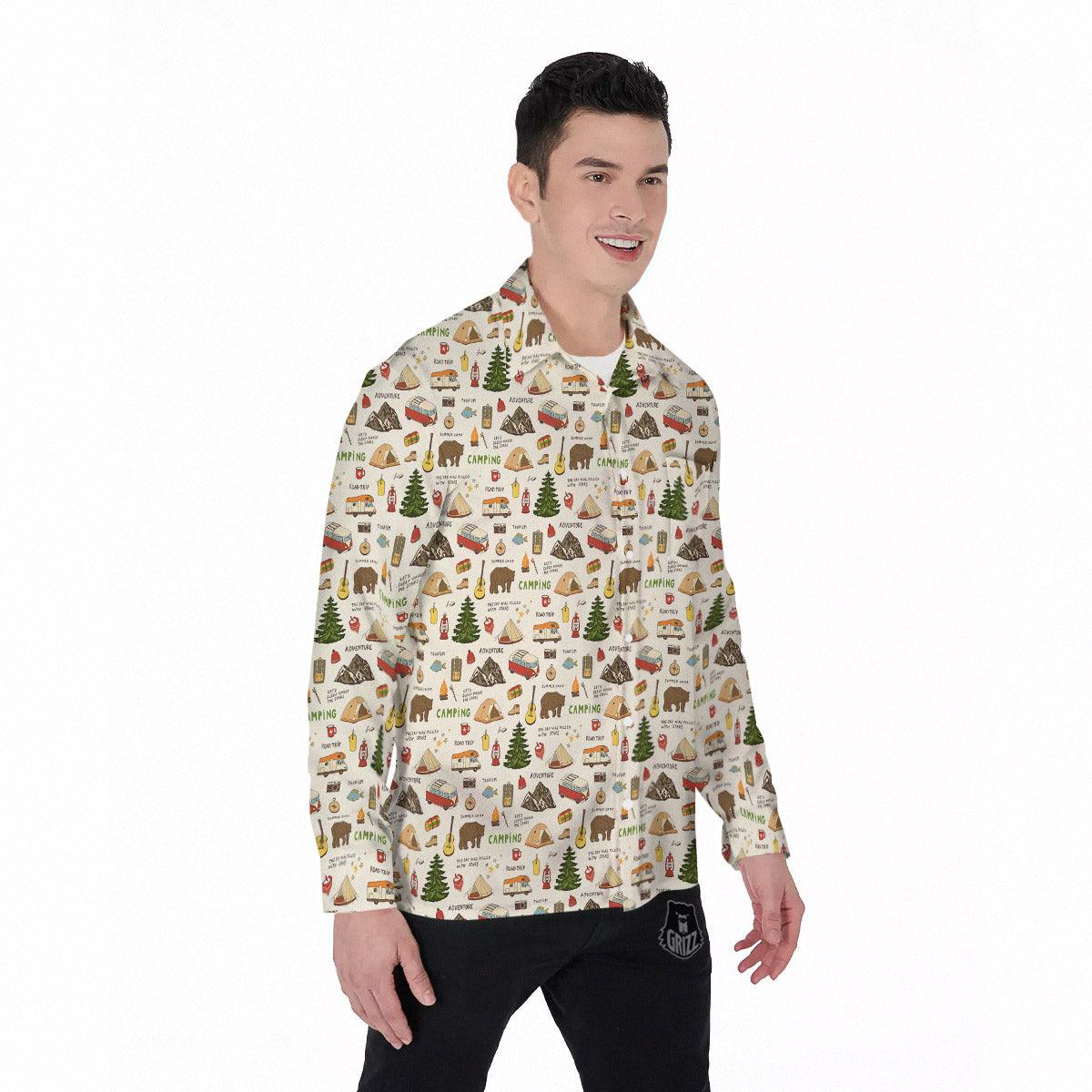 Camping Cartoon Print Pattern Men's Long Sleeve Shirts-grizzshop