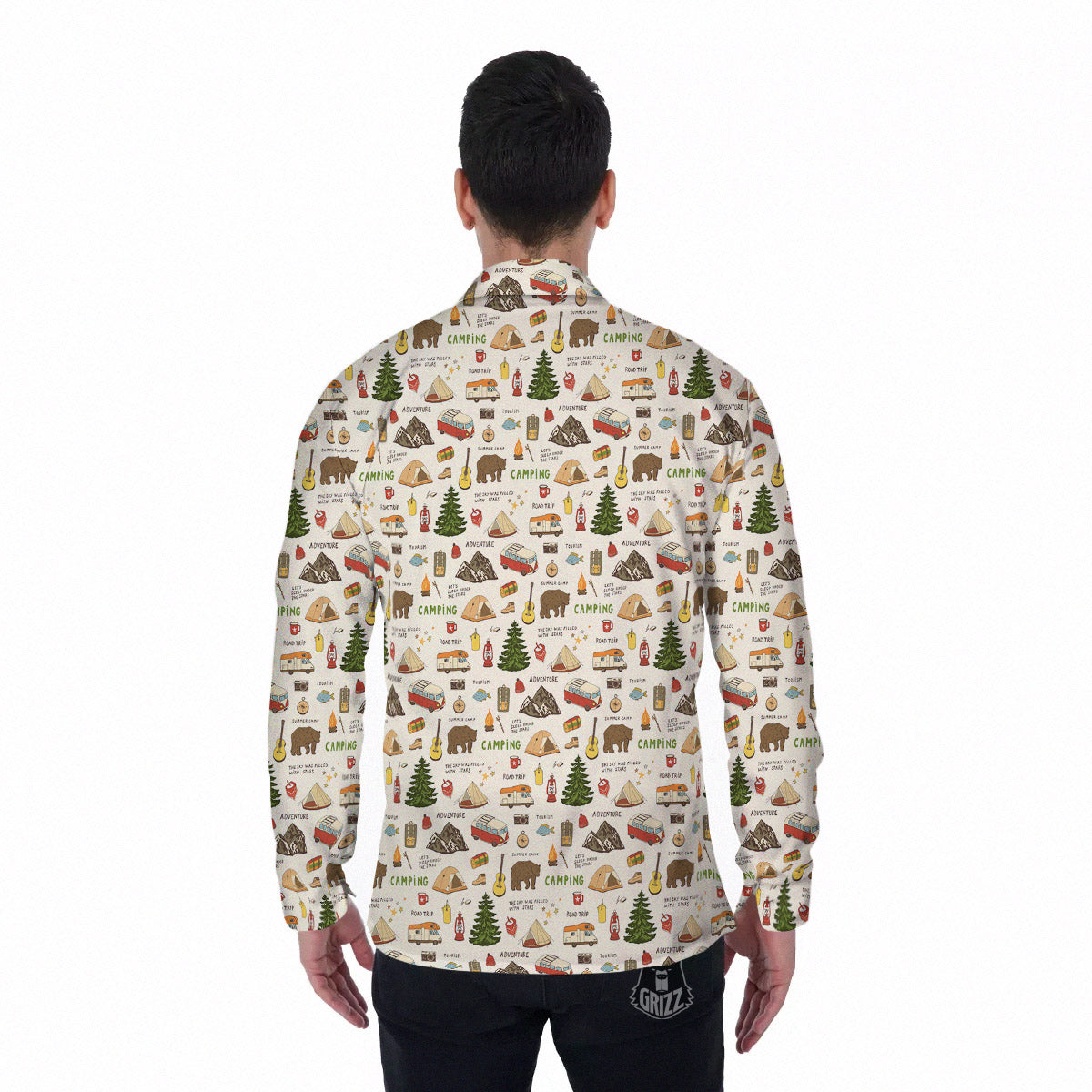 Camping Cartoon Print Pattern Men's Long Sleeve Shirts-grizzshop