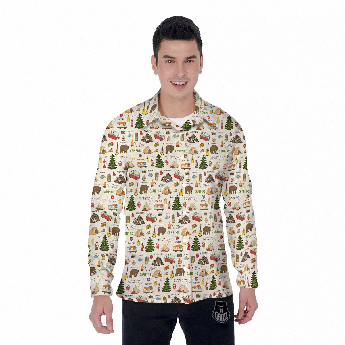 Camping Cartoon Print Pattern Men's Long Sleeve Shirts-grizzshop