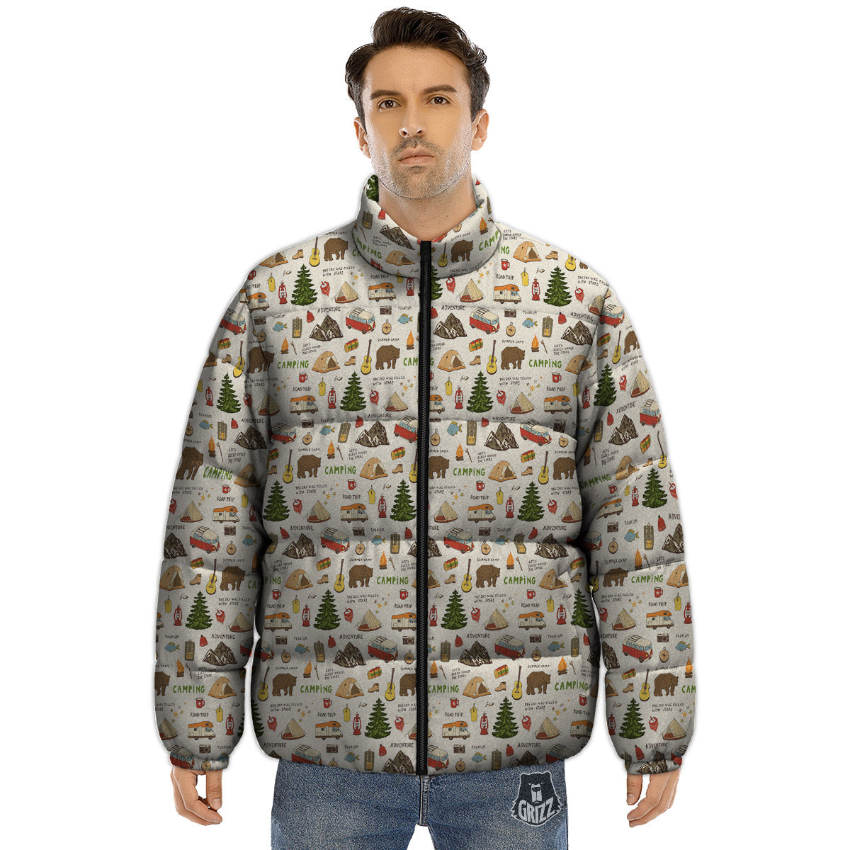 Camping Cartoon Print Pattern Puffer Jacket-grizzshop