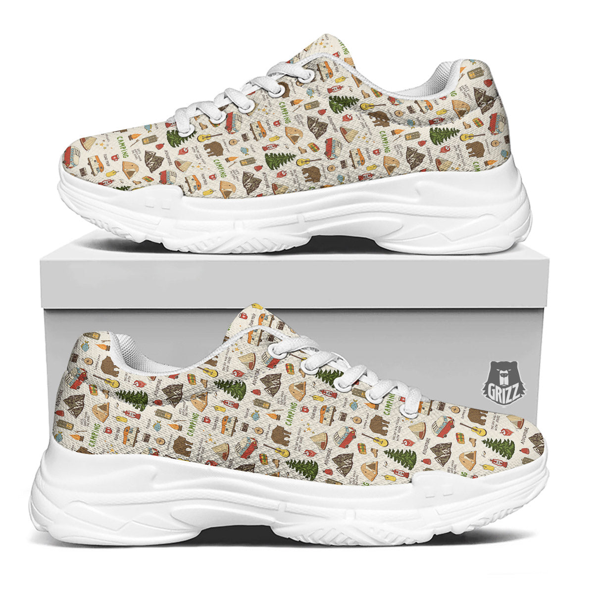 Camping Cartoon Print Pattern White Chunky Shoes-grizzshop