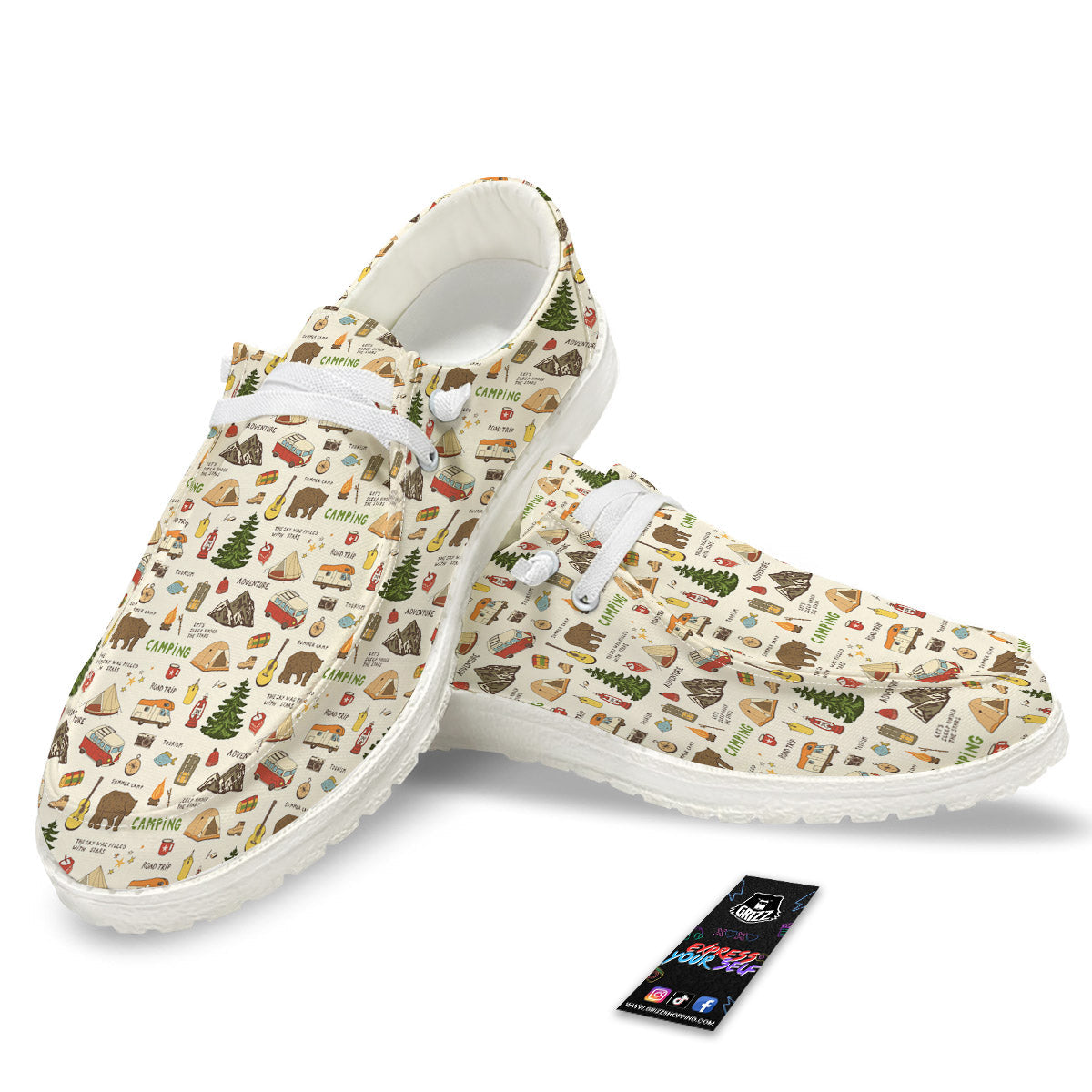 Camping Cartoon Print Pattern White Loafers-grizzshop