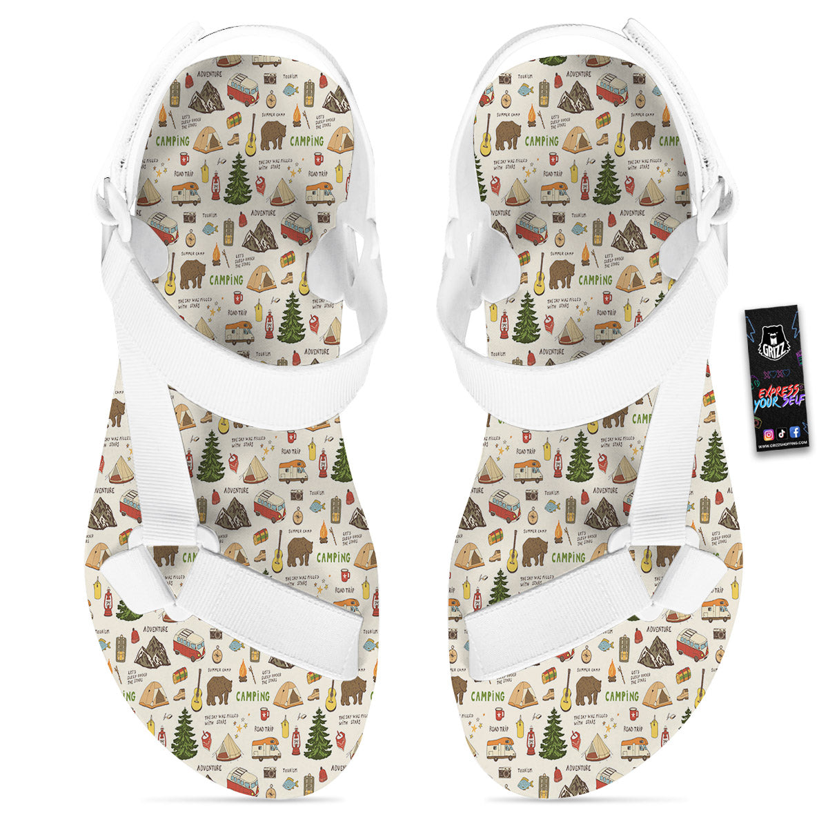 Camping Cartoon Print Pattern White Open Toe Sandals-grizzshop