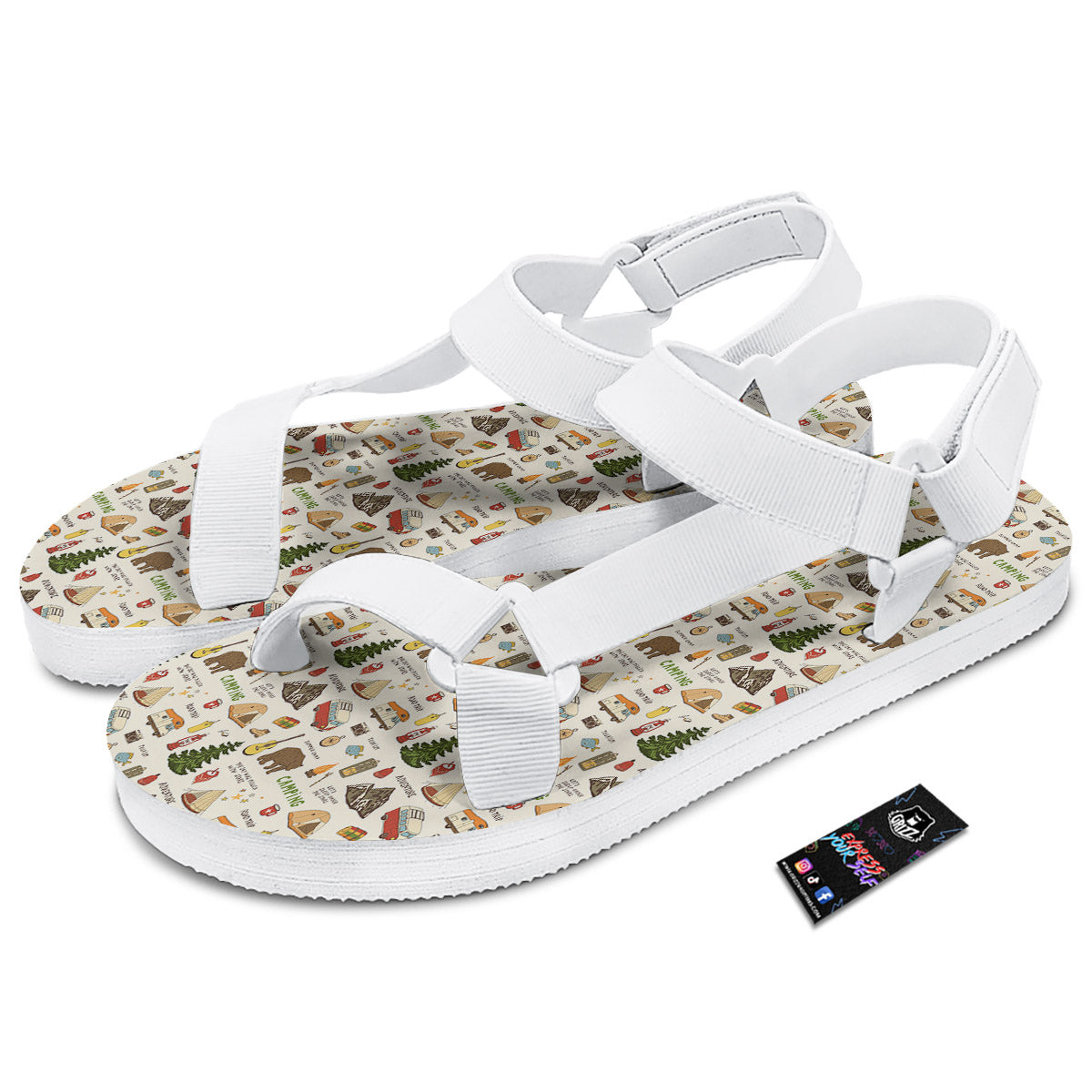 Camping Cartoon Print Pattern White Open Toe Sandals-grizzshop