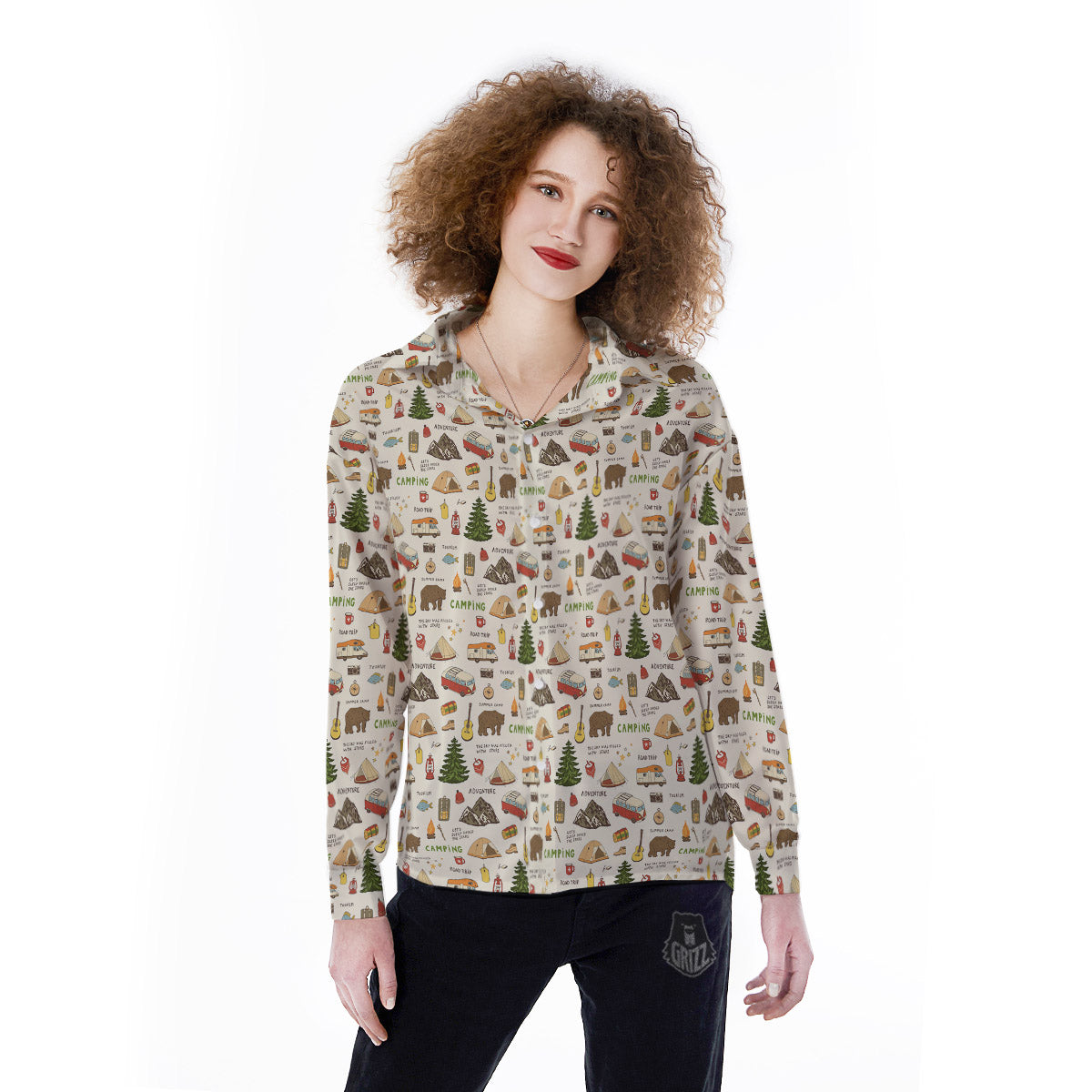 Camping Cartoon Print Pattern Women's Long Sleeve Shirts-grizzshop