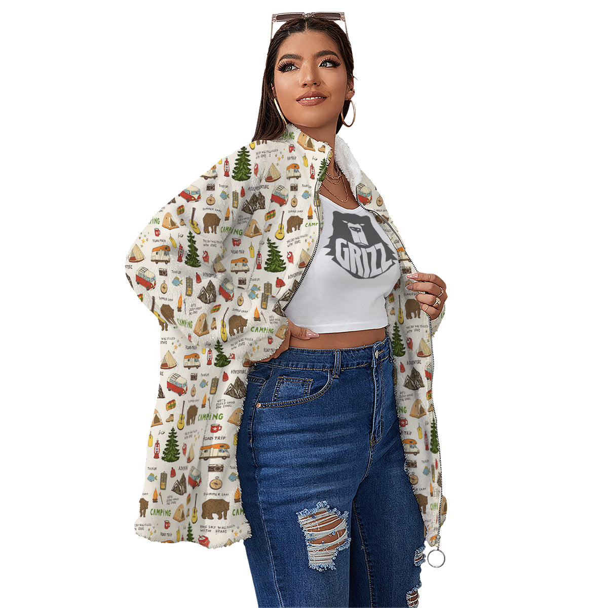 Camping Cartoon Print Pattern Women's Sherpa Jacket-grizzshop
