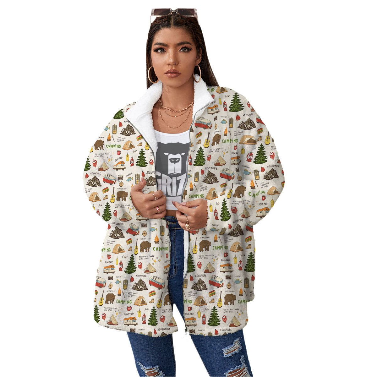Camping Cartoon Print Pattern Women's Sherpa Jacket-grizzshop