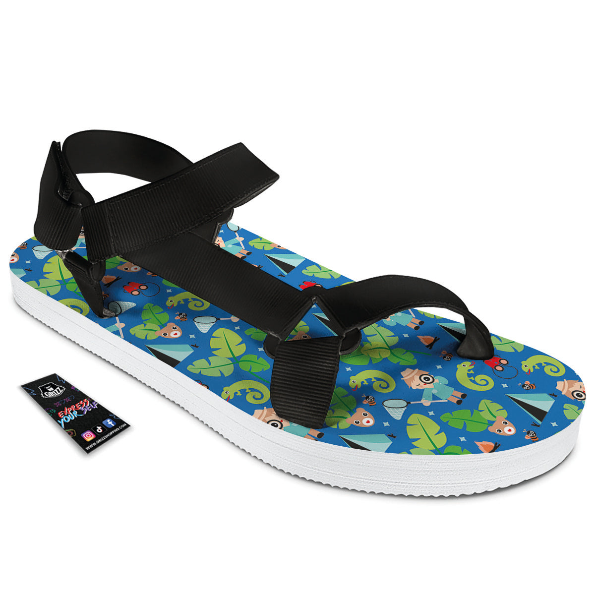Camping Cute Print Pattern Black Open Toe Sandals-grizzshop