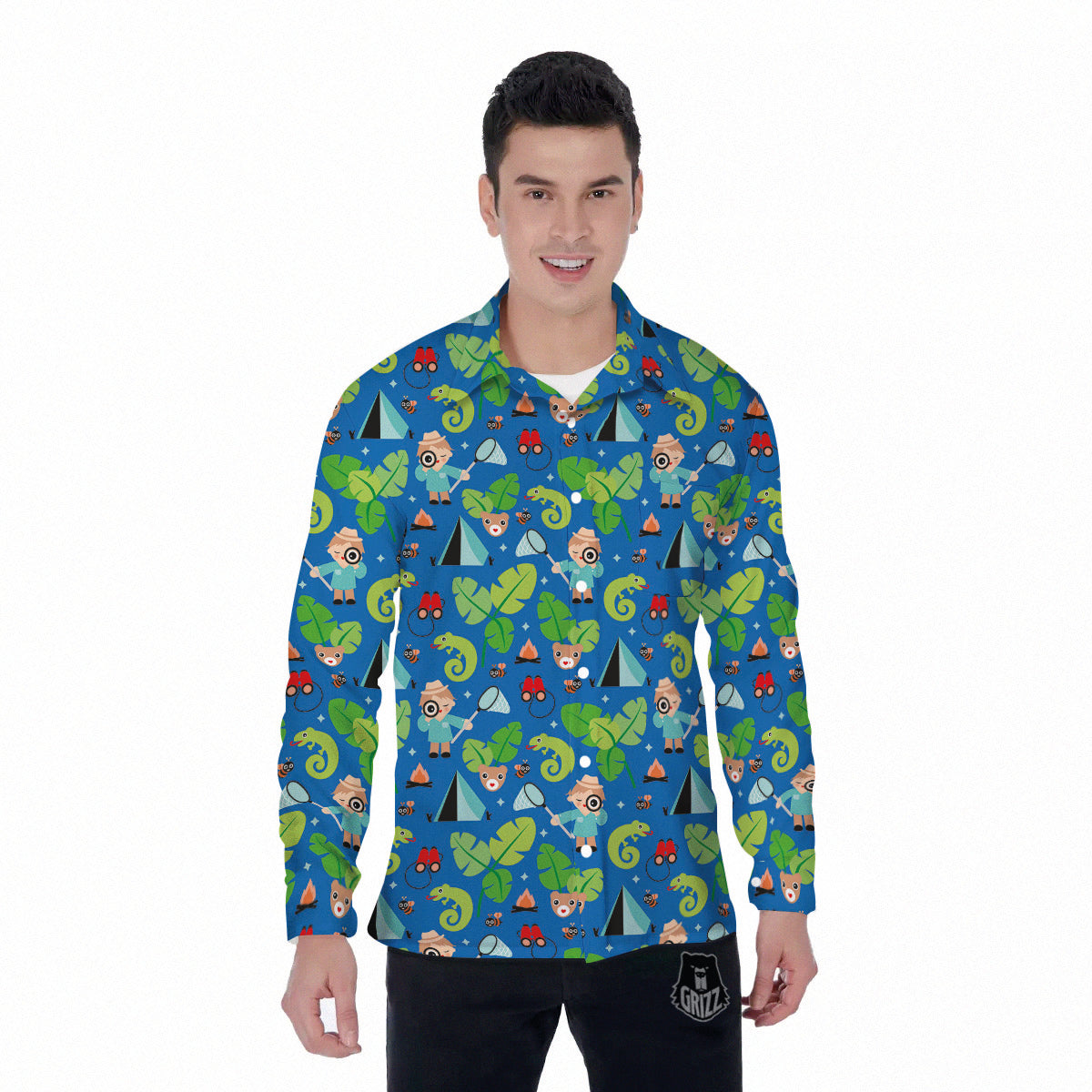 Camping Cute Print Pattern Men's Long Sleeve Shirts-grizzshop