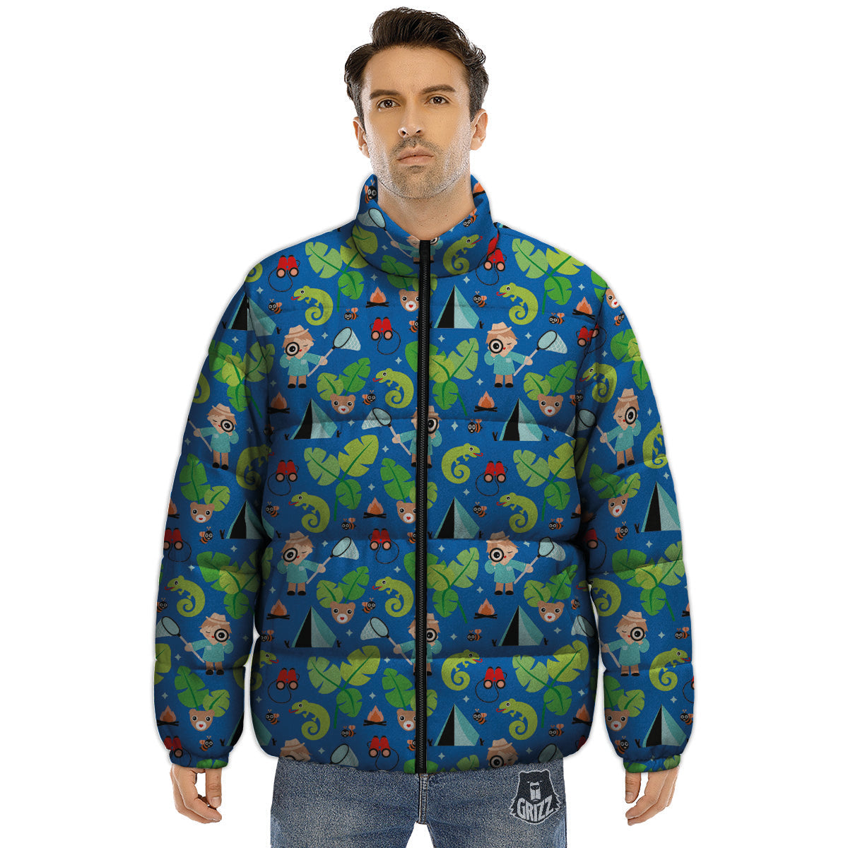 Camping Cute Print Pattern Puffer Jacket-grizzshop