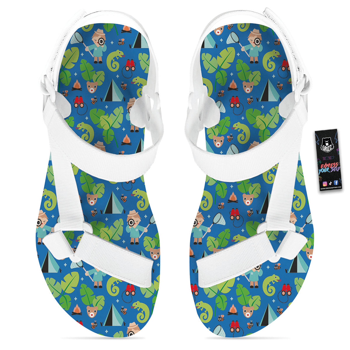 Camping Cute Print Pattern White Open Toe Sandals-grizzshop