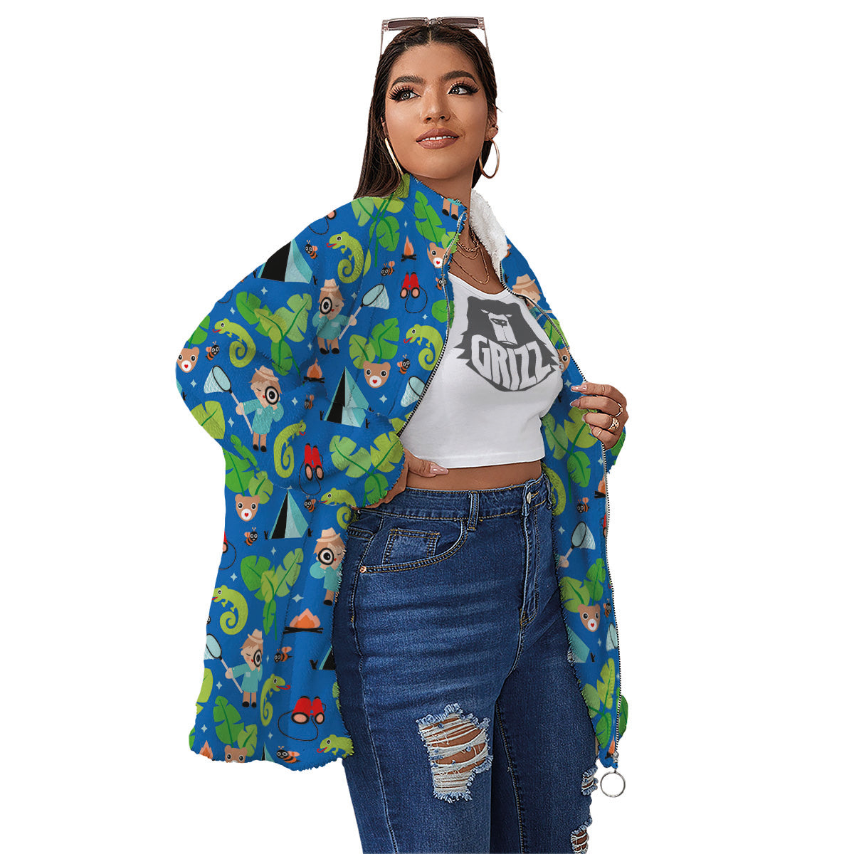 Camping Cute Print Pattern Women's Sherpa Jacket-grizzshop