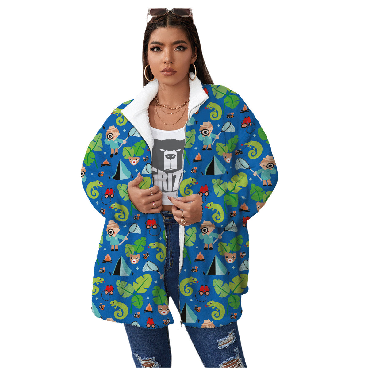 Camping Cute Print Pattern Women's Sherpa Jacket-grizzshop