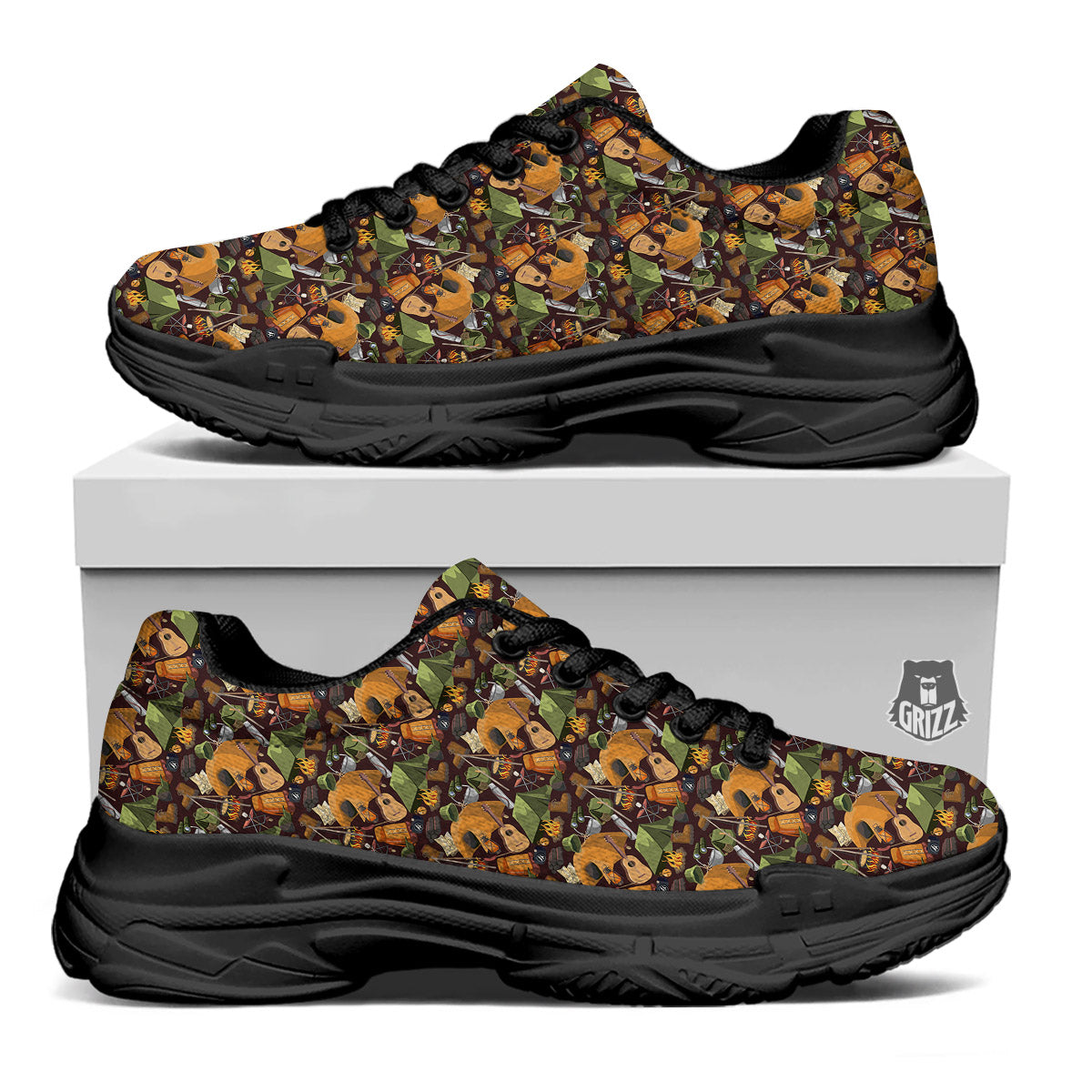 Camping Equipment Print Pattern Black Chunky Shoes-grizzshop