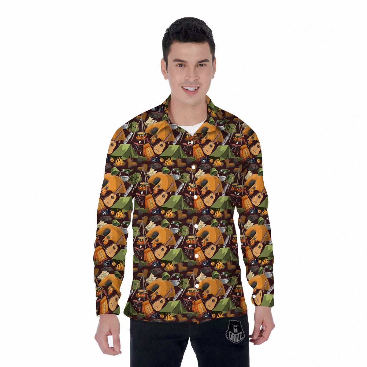 Camping Equipment Print Pattern Men's Long Sleeve Shirts-grizzshop